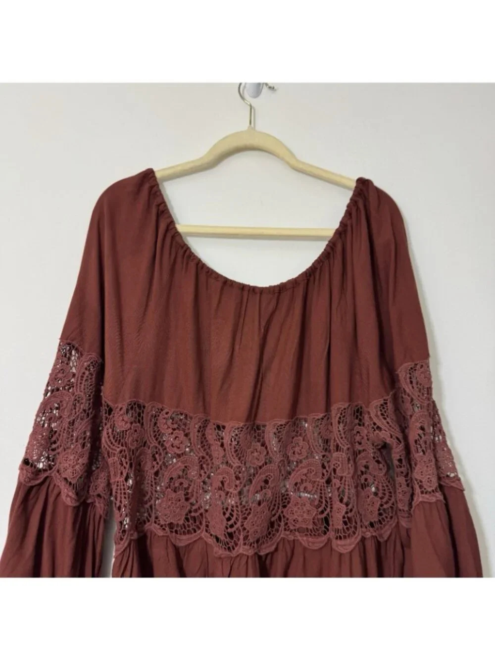Free People Women’s Oversized Peasant Top Size S Crochet Details Long Sleeves